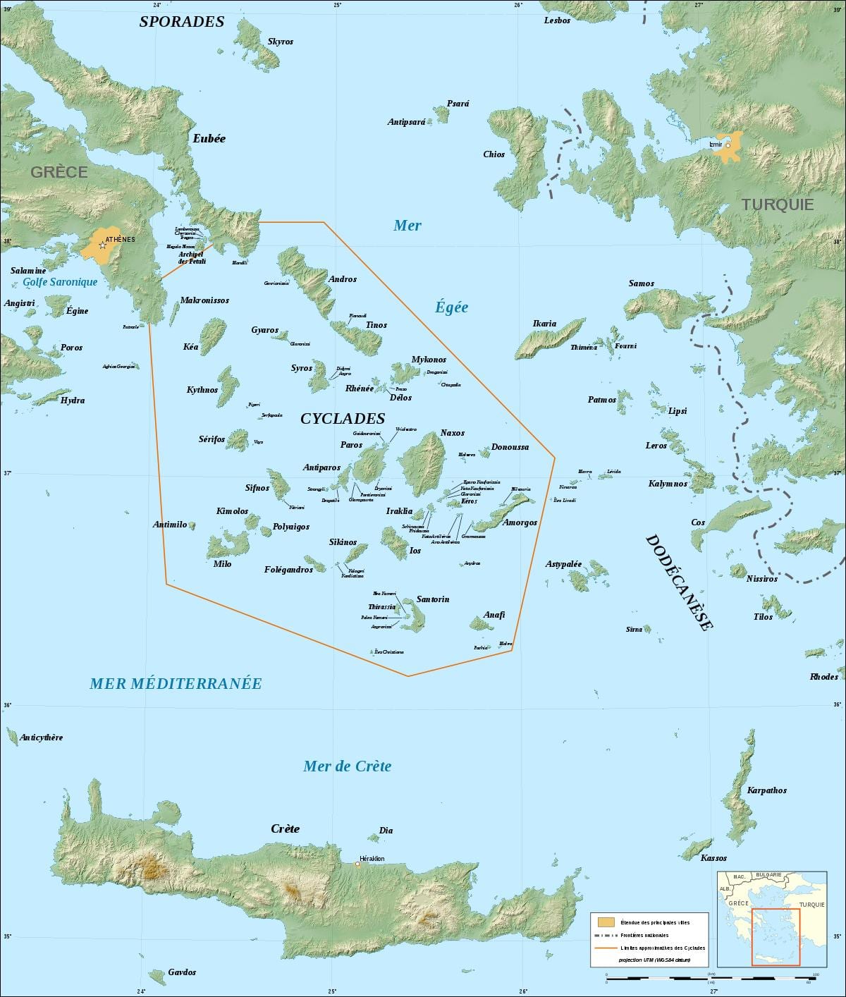 地図のキクラデスギリシャの島々
