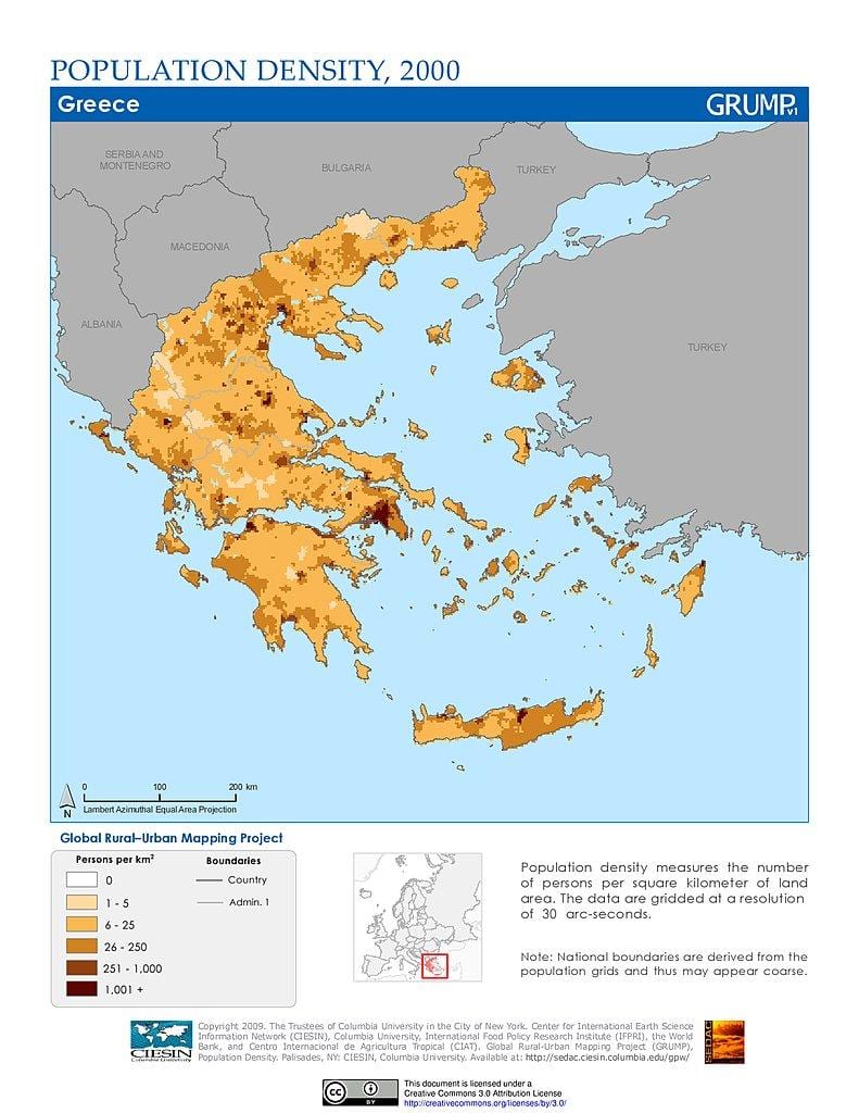 人口密度の地図のギリシャ