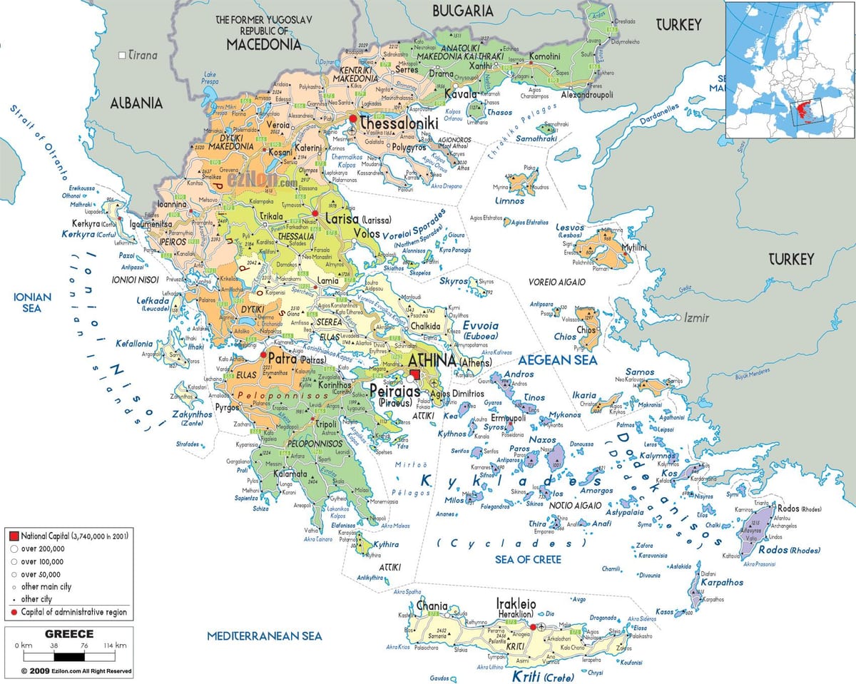 地図のギリシャの都市