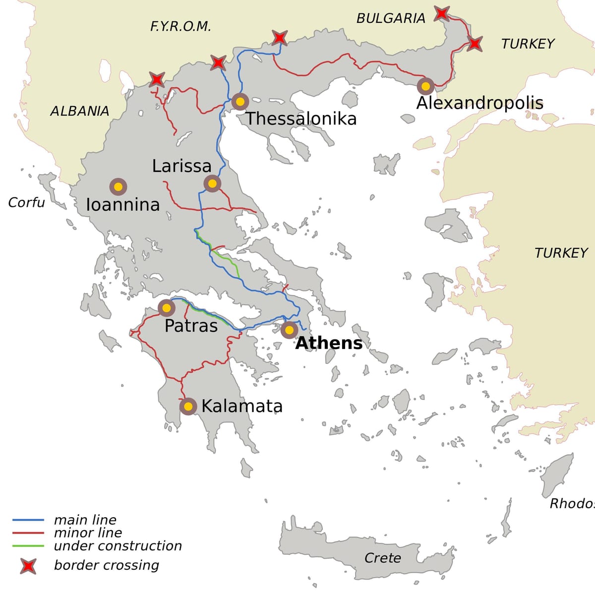 ギリシャの鉄道の地図
