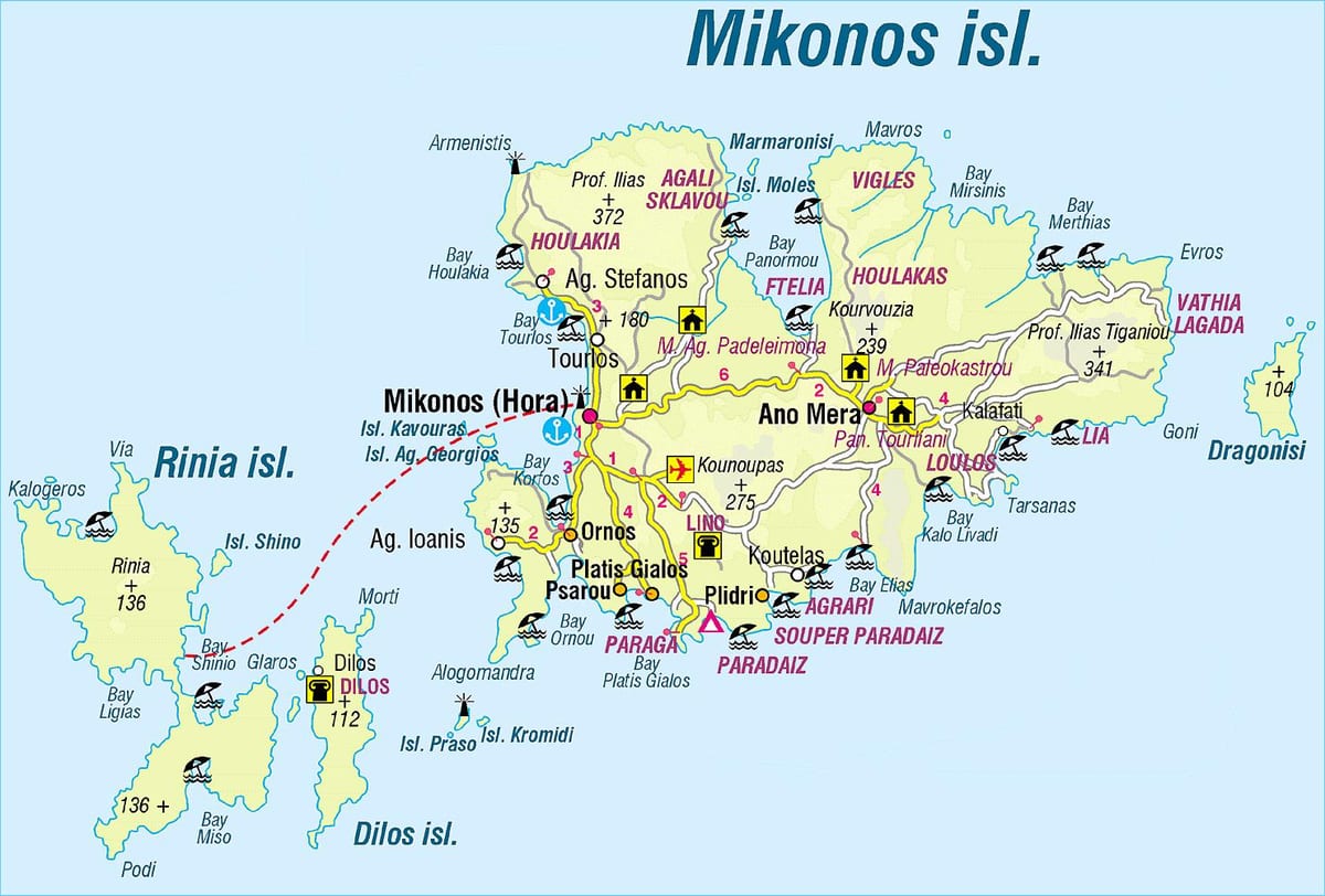 地図のミコノス島ギリシャ