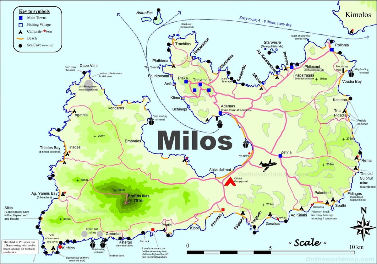 地図ロス島、ミロス島ギリシャ